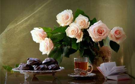 Still Life - book, still life, tea, rose