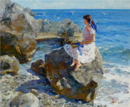 Painting - painting, sitting, girl, sea