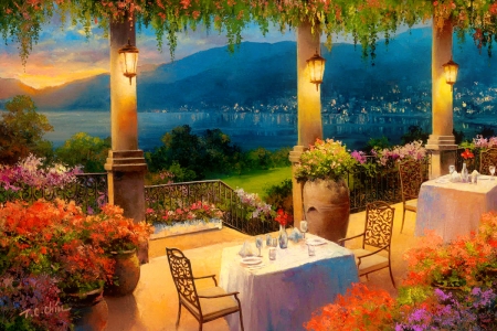 Amalfi holiday - porch, coast, vacation, painting, view, art, lanterns, evening, holiday, amalfi, dinner, lake, mountain, night, summer, shore, romantic, beautiful, rest, flowers, sea