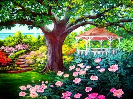 Gazebo by the lake - lake, sailboats, summer, lovely, gazebo, spring, ailboats, painting, view, art, pretty, beautiful, tree, flowers, garden