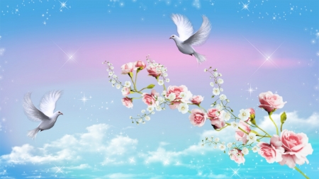 ~*~ Doves Peace ~*~ - sky, pretty, roses, hd wallpaper, doves cute, beautiful, peace