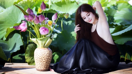 Elegant Asian Girl - girl, tulips, elegant, stylish