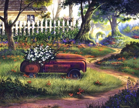 Hero's Garden - trees, spring, flowers, lovely still life, car, garden, love four seasons, houses, draw and paint