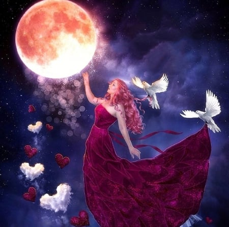 Touch the Moon - creative pre-made, digital art, models, weird things people wear, photomanipulation, doves, moons, fantasy, woman, love four seasons, hearts