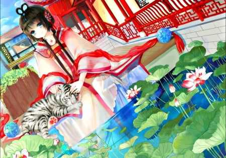 Luo Tianyi - girl, manga, lotus, white, cub, red, pink, tiger, water, vocaloid, anime, blue, lake, luo tianyi, kimono, princess, green