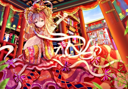 Luo Tianyi - red, instrument, vocaloid, yellow, anime, girl, manga, tangjinhang, luo tianyi, orange