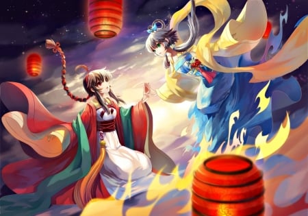 Luo Tianyi - anime, vocaloid, luo tianyi, blue, girl, kimono, lantern, manga, qian qiu, red, couple, art, japanese