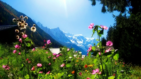 Mountain village - hills, summer, roofs, landscape, spring, view, houses, sky, sun, sunlight, beautiful, sunshine, village, wildflowers, nature, rays, bright, rocks