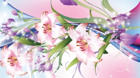 Lilies and Iris Sparkles - lilies, stars, summer, iris, sparkle, purple, abstract, pink, flowers