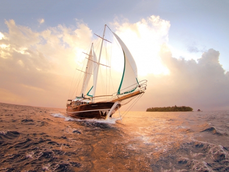 Lonely Island - clouds, ocean, sky, yacht