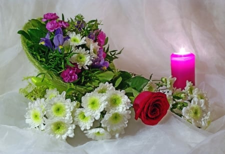 Flower Arrangement - iris, candle, carnations, rose, petals, light, still life