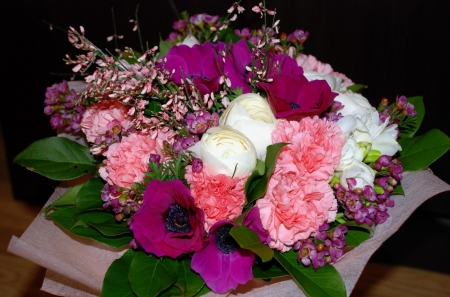 Flower Bouquet - white, purple, pink, petals, colors, carnations