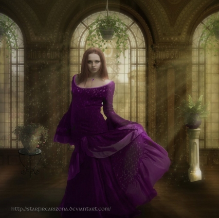 lady in purple dress - purple, art, fantasy, dress