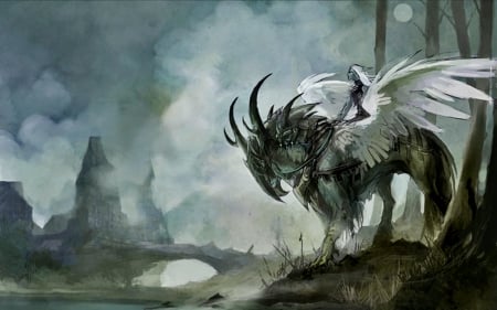 Dark of the Moon - moon, magic, castle, dark elf, fantasy, gryphon