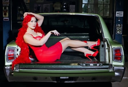 Lady Of Red - heels, sexy, tailgate, model