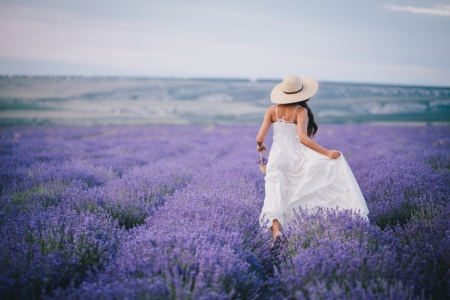 Beauty - women, beauty, lady, sky, hat, lavender field, photography, running, summer, abstract