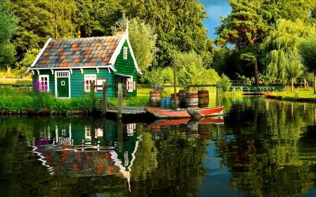 Quiet place - fishing, trees, peaceful, refelction, quiet, amazing, pond, boat, relax, lake, summer, place, serenity, forest, tranquil, beautiful, mirror, rest, cabin