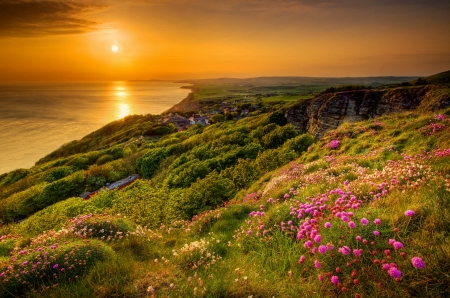 Amazing sunset - summer, coast, amazing, beach, beautiful, raysl sky, sea, flowers, glow, sunset, fiery