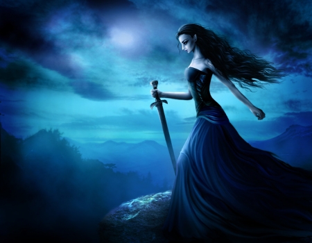 The Sword - clouds, woman, artwork, landscape, mystery