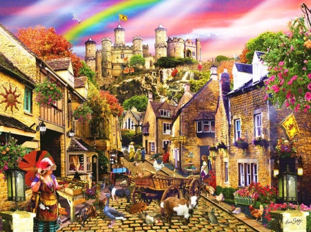 Medieval village life - kingdom, people, fantasy arts, old life, fantasy land, life, village, fantasy, rainbow, tales, castle