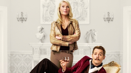 Mortdecai (2015) - woman, actress, glass, movie, mortdecai, gwyneth paltrow, wine, fantasy, white, man, red, actor, johnny depp, blonde