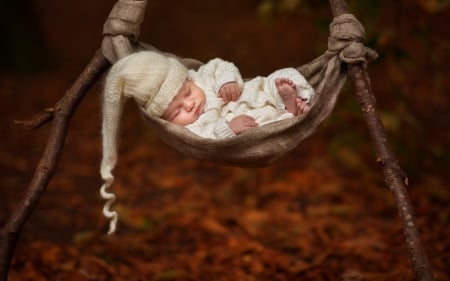 Sleeping baby - hat, hammock, baby, sweet, child, autumn, red, cute, sleeping