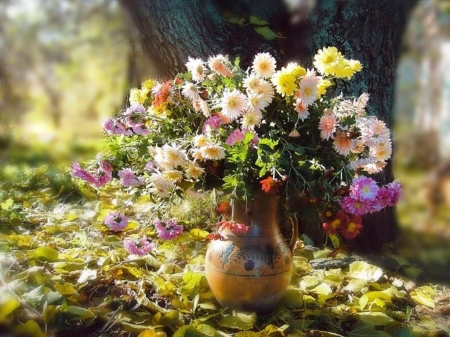 Lovely - flowers, vase, nature, garden, tree, leaves