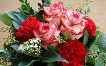 Flowers - roses, carnations, petals, bouquet, leaves