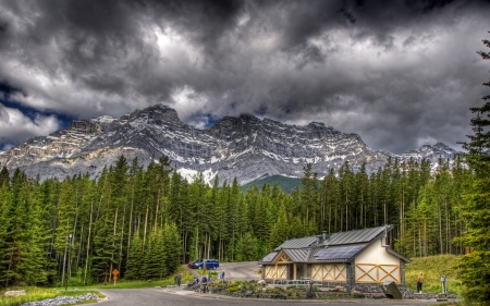 Banff National Park, Alberta - firs, landscape, clouds, canada, house