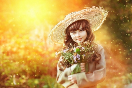 Girl - flowers, cute, girl, hat