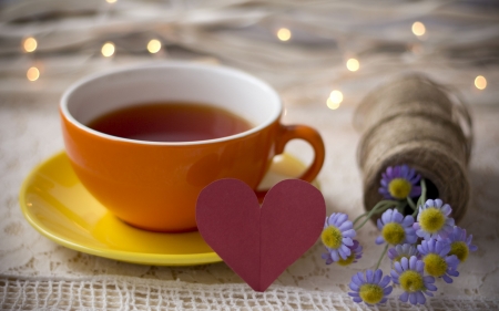 Morning love - red, flower, lights, love, yellow, cup, blue, valentine, tea, heart, orange