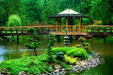 Green park - greenery, trees, pond, beautiful, forest, reflection, walk, nature, green, garden, gazebo, plants, lake, bridge, park