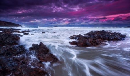 MAGENTA DUSK - sky, ocean, magenta, waves, rocks, purple, pink, blue, dusk