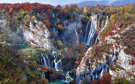 Plitvice Lake Waterfalls in Autumn, Crotia - crotia, autumn, trees, waterfall, rocks