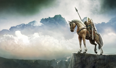 Fantasy Warrior - fog, artwork, mystic, cliff, weapons, mountains, horse