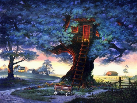 House on a Tree - attractions in dreams, ladder, houses, trees, draw and paint, roads, love four seasons, wagon, paintings