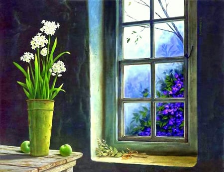 View to Garden - paintings, window, flowers, apples, lovely still life, garden, decorations, love four seasons, houses, draw and paint