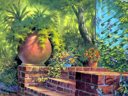 Front of Garden - houses, trees, pots, draw and paint, love four seasons, jar, paintings, flowers, garden