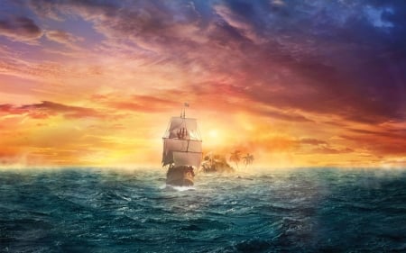 Ship on the angry sea - skull, sky, ship, cloud, island, sunset, sea, fantasy