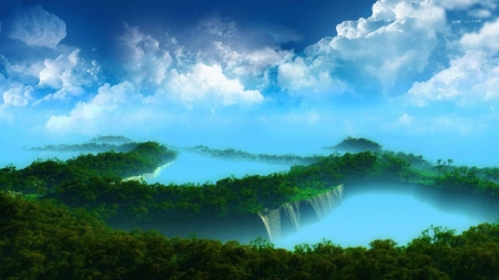 Forest - sky, forest, waterfall, clouds