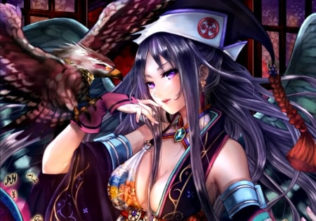 Anime girl - woman, hat, girl, bird, pisuke, purple, eagle, red, anime, manga, sengoku saga