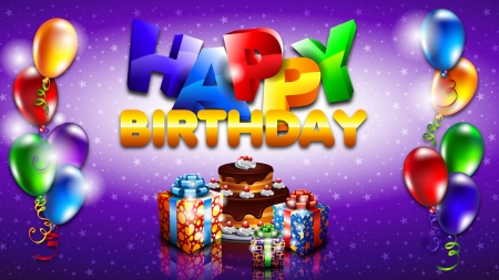 Happy Birthday! - rainbow, gift, balloon, cake, purple, yellow, red, blue, green, birthday