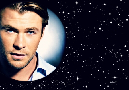 Chris Hemsworth - moon, stars, blond, chris hemsworth, black, white, blue, man, actor, by cehenot, luna