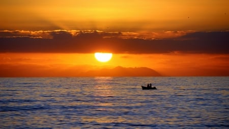 Sunset - clouds, sea, sunset, boat