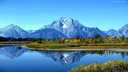 Snow Mountains - mountains, lake, trees, snow