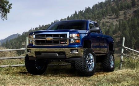 2014-Silverado - lift, big tires, gm, blue