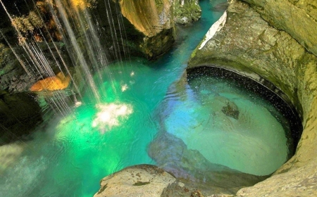 Alpine River - water, Slovenia, pond, beautiful, waterfall, green, Soca River, canyon, rocks