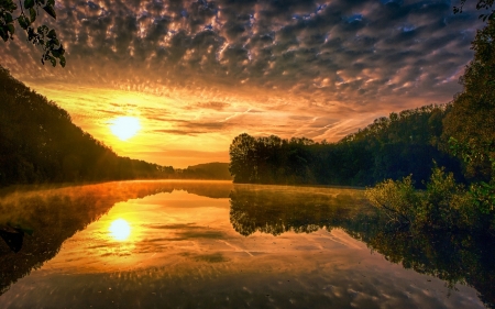 Golden Sky Over The Lake - sky, hills, forests, water, sunset, gold, mist, lakes, reflection, beautiful, clouds