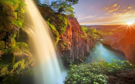 Waterfall At Sunrise - river, waterfalls, hills, beautiful, shrubs, sunrise, Spain, canyon