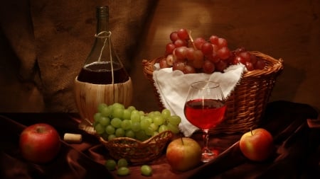 Still Life - basket, wine, bottle, fruits